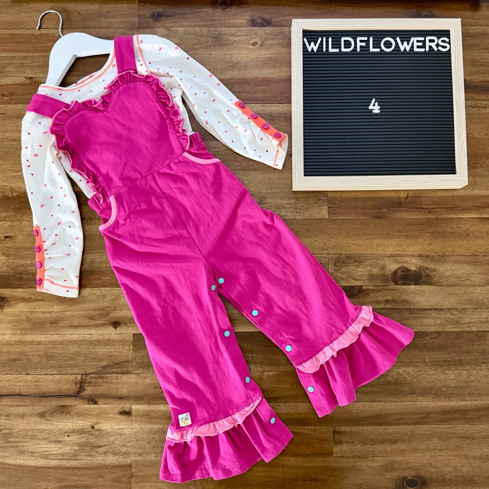 Wildflowers Girls First Love Pink Ruffled Overalls with Cream Heart Top Set 4